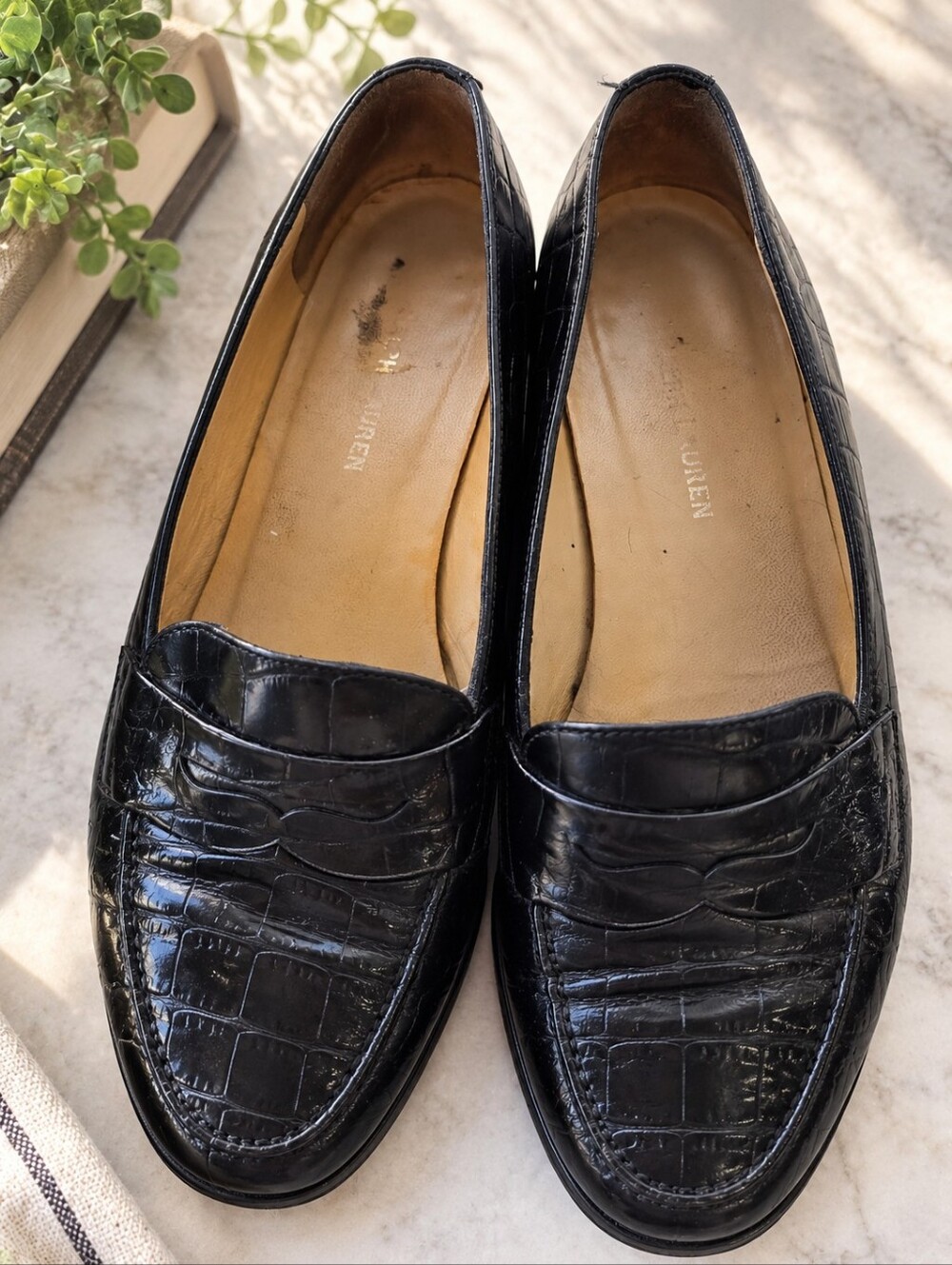 Ralph Lauren Collection Iliana Croc Leather Penny Loafers Black 8B Italy